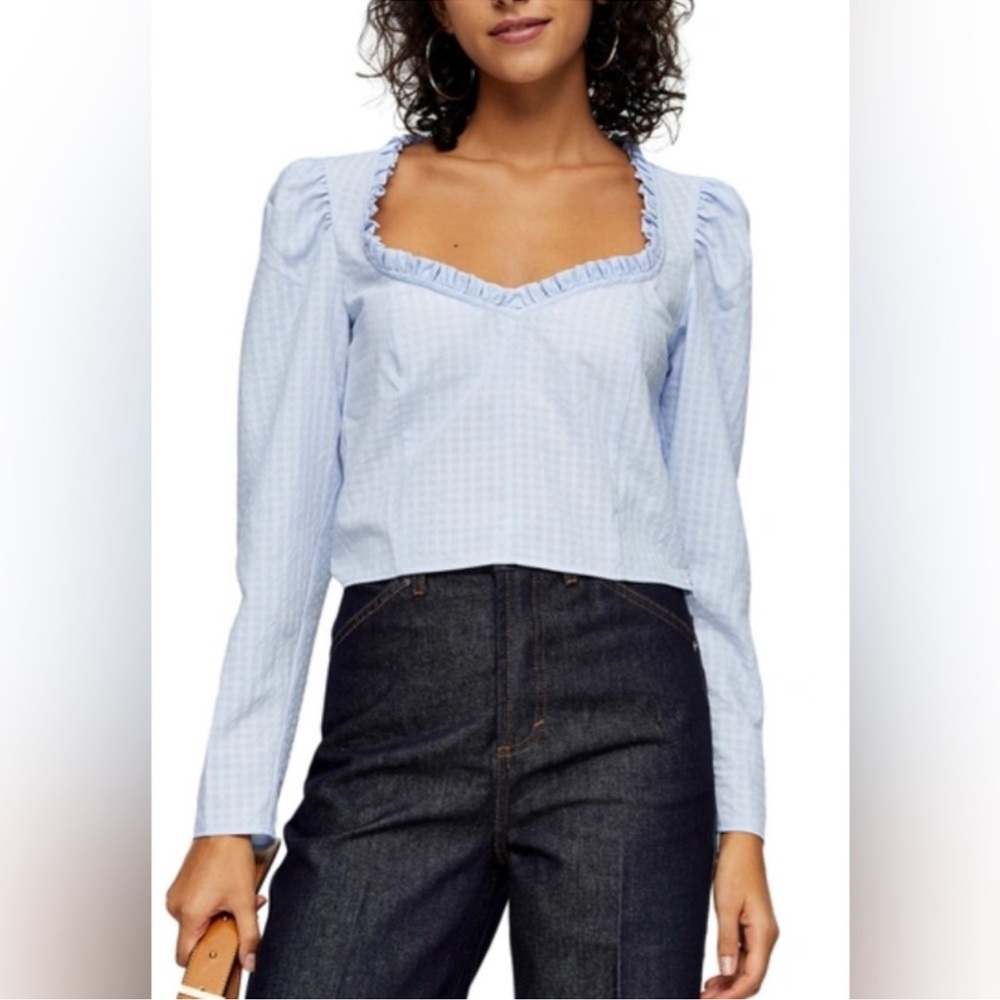 Topshop Puff Sleeve Prairie Ruffle Crop Top Blouse Baby Blue New